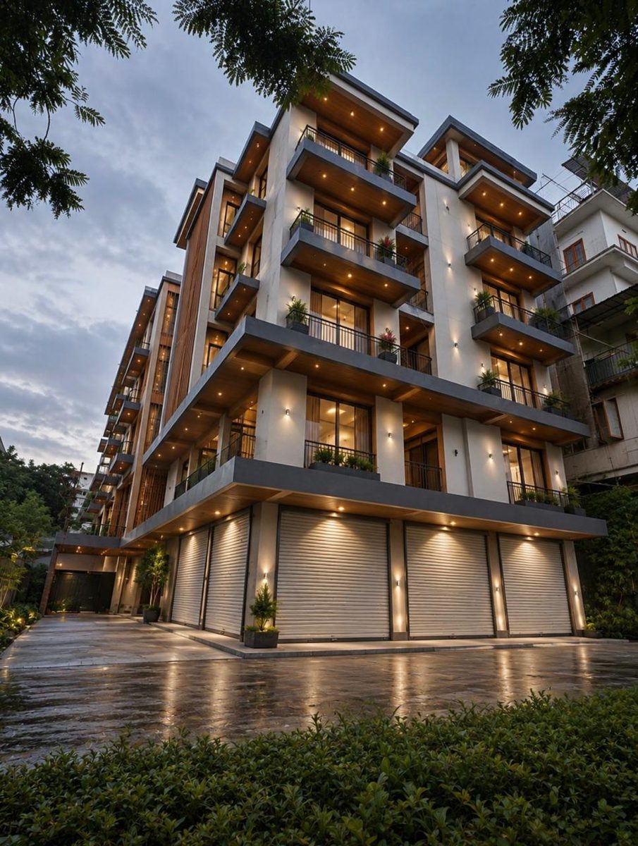 A Kalamassery building exterior at dusk with the balcony, soffit and facade lighting switched on